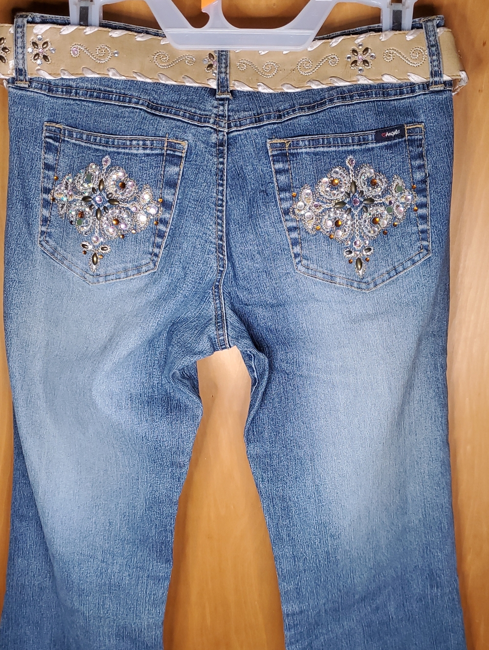 (Y2K / McBlinAngels Blue Boot Cut Jeans with Rhinestone Embellished Back Pockets